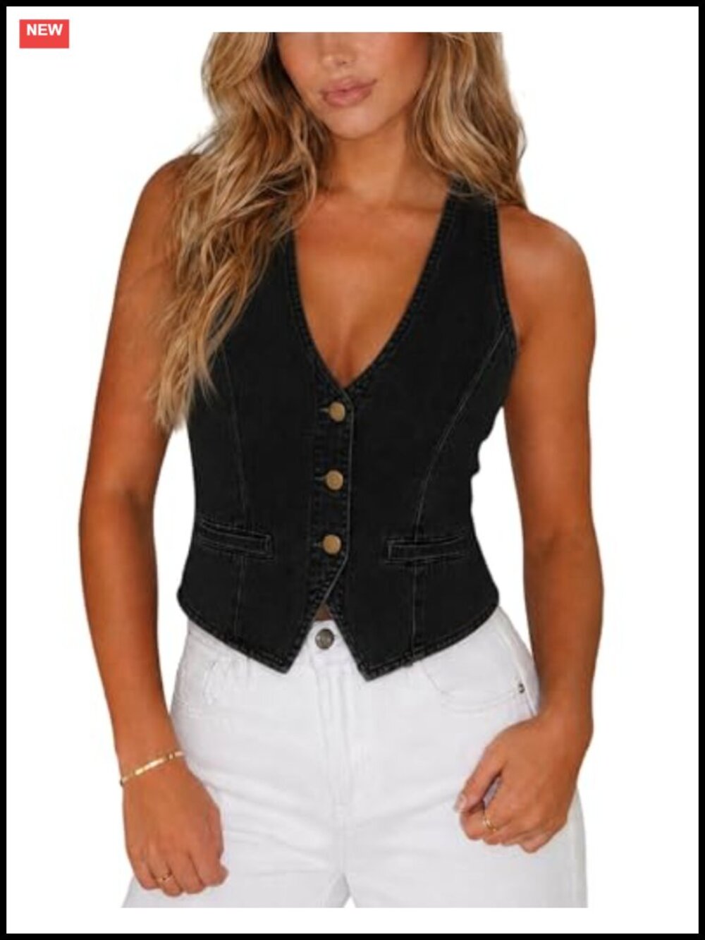 Women's Denim Vest Sleeveless V Neck Western Crop Jean Vest